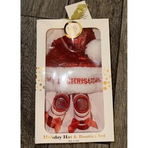New LITTLE ME Baby 1st Christmas Holiday Sequin Santa HAT & BOOTIES Set 0-12M